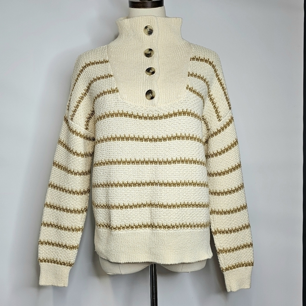Madewell  Cream  Stripe Button Mock Neck Neutral Minimal Knit  Sweater , Small